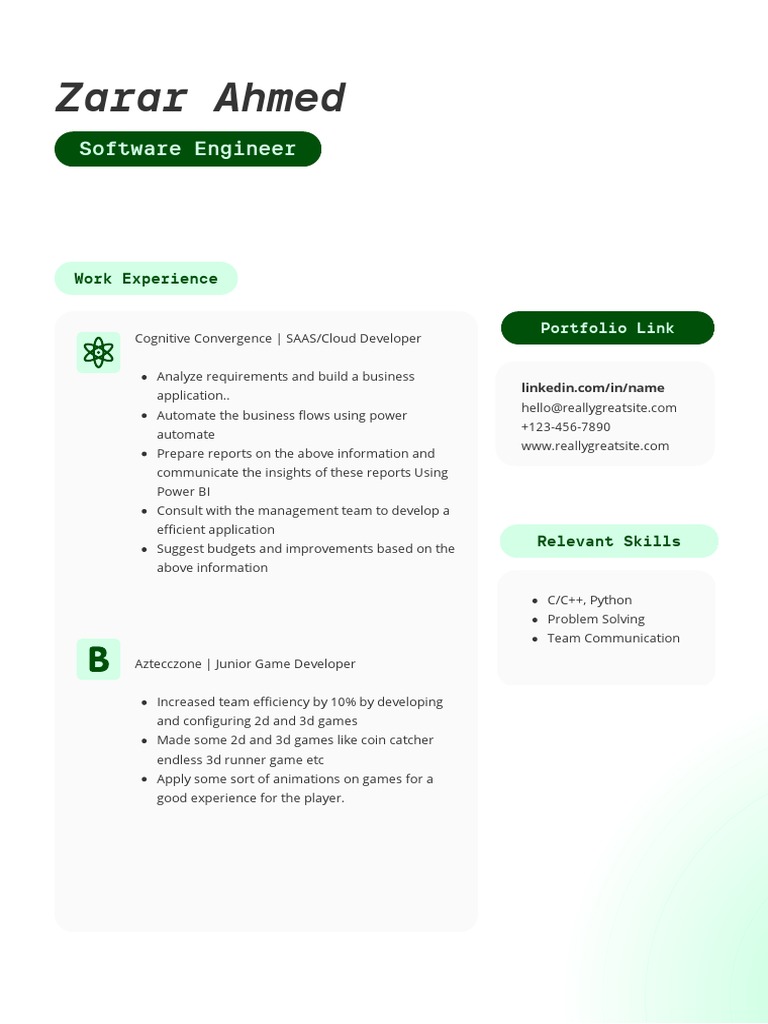 Green White Clean UI Software Engineer CV | PDF | Science | Cognition