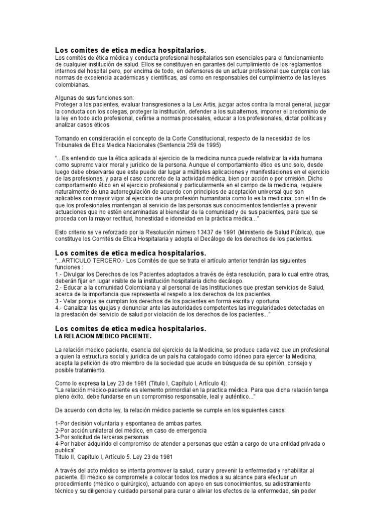 Los Comites de Etica Medica Hospitalarios PDF Moralidad Historial médico
