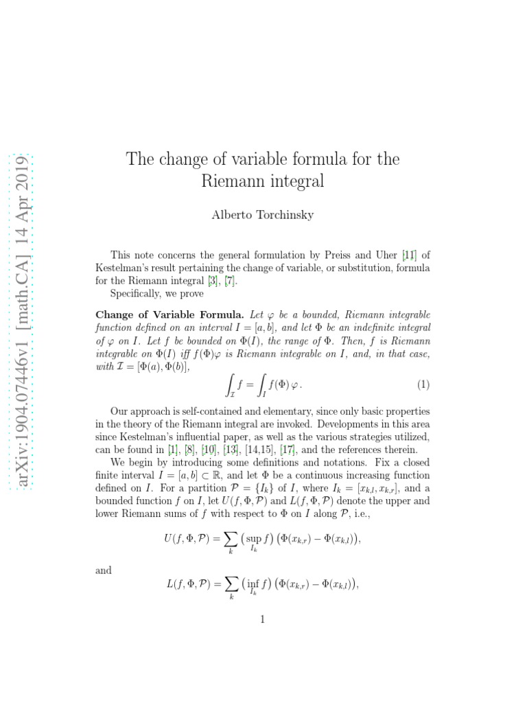 The change of variable formula for the riemann integral alberto