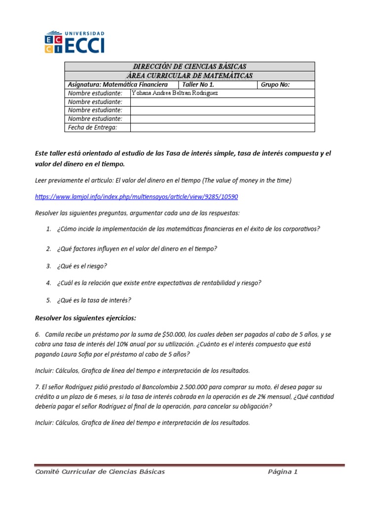 Taller 1 Tema Interes Simple y Compuesto | PDF