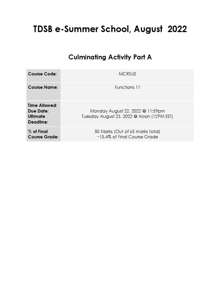 TDSB ESummer School, August 2022 Culminating Activity Part A PDF