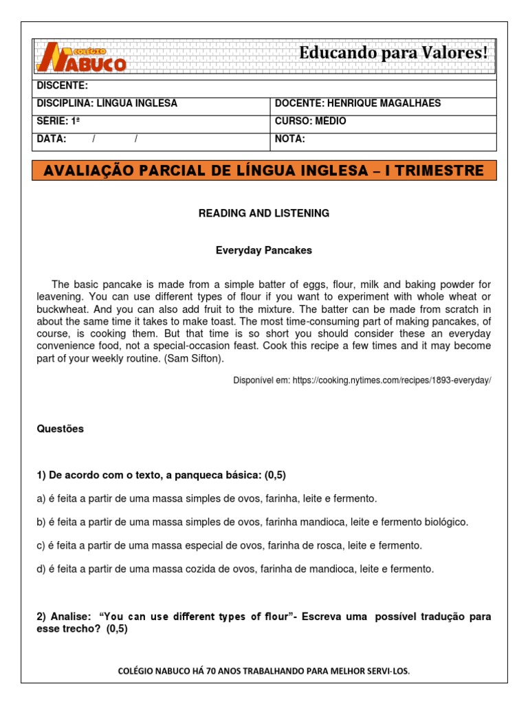 Av1 Avaliação Parcial de Língua Inglesa - Série 1 - I Trimestre | PDF ...