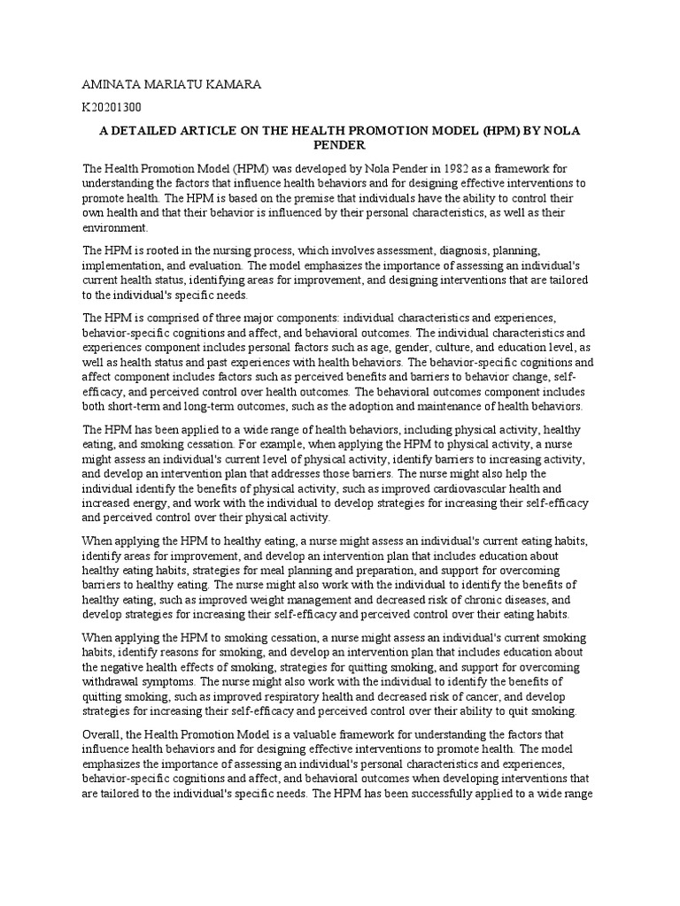 A Detailed Article On The Health Promotion Model (HPM) by Nola Pender