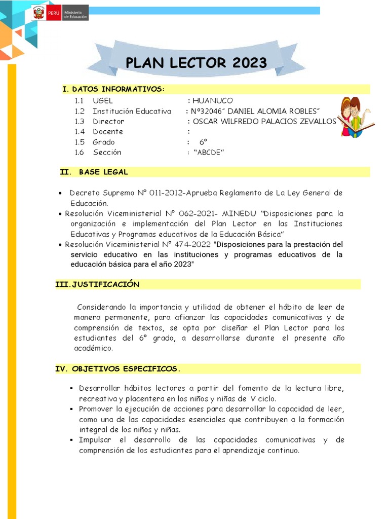Plan Lector 2023 para 6° Grado | PDF | Maestros | Salón de clases