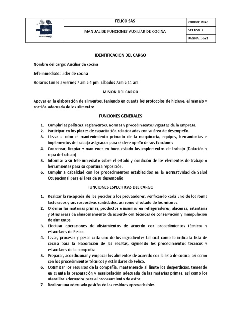 Funciones del Auxiliar de Cocina | PDF | Alimentos | Planificación