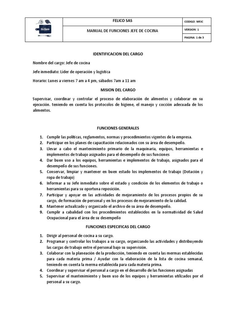 Funciones del Jefe de Cocina | PDF | Planificación | Alimentos