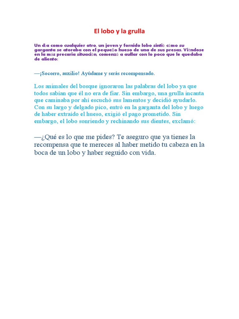 El lobo y la grulla: fábula corta | PDF