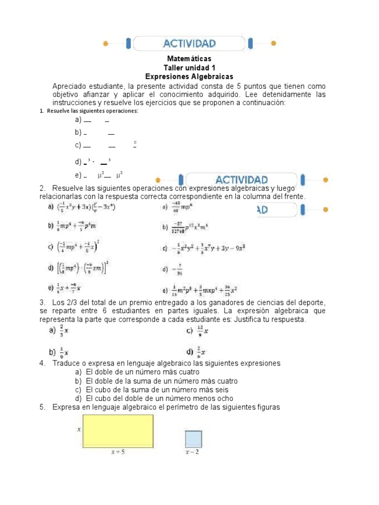 Taller de Expresiones Algebraicas | PDF