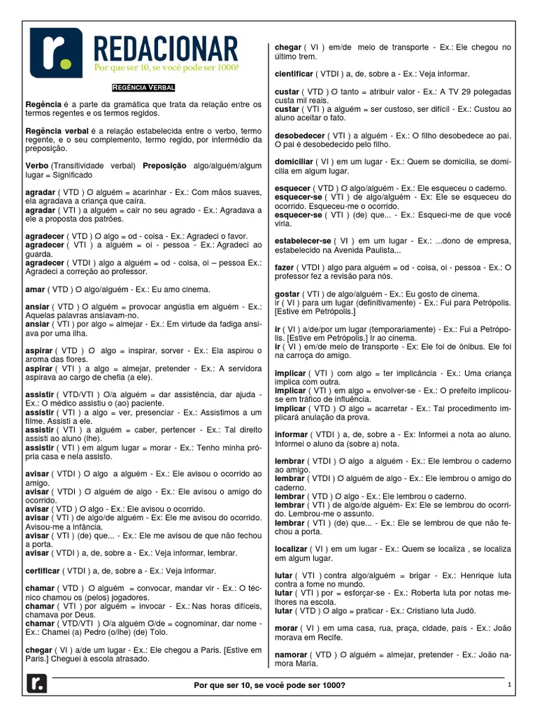 Regras de Regência Verbal | PDF | Pronome | Sintaxe