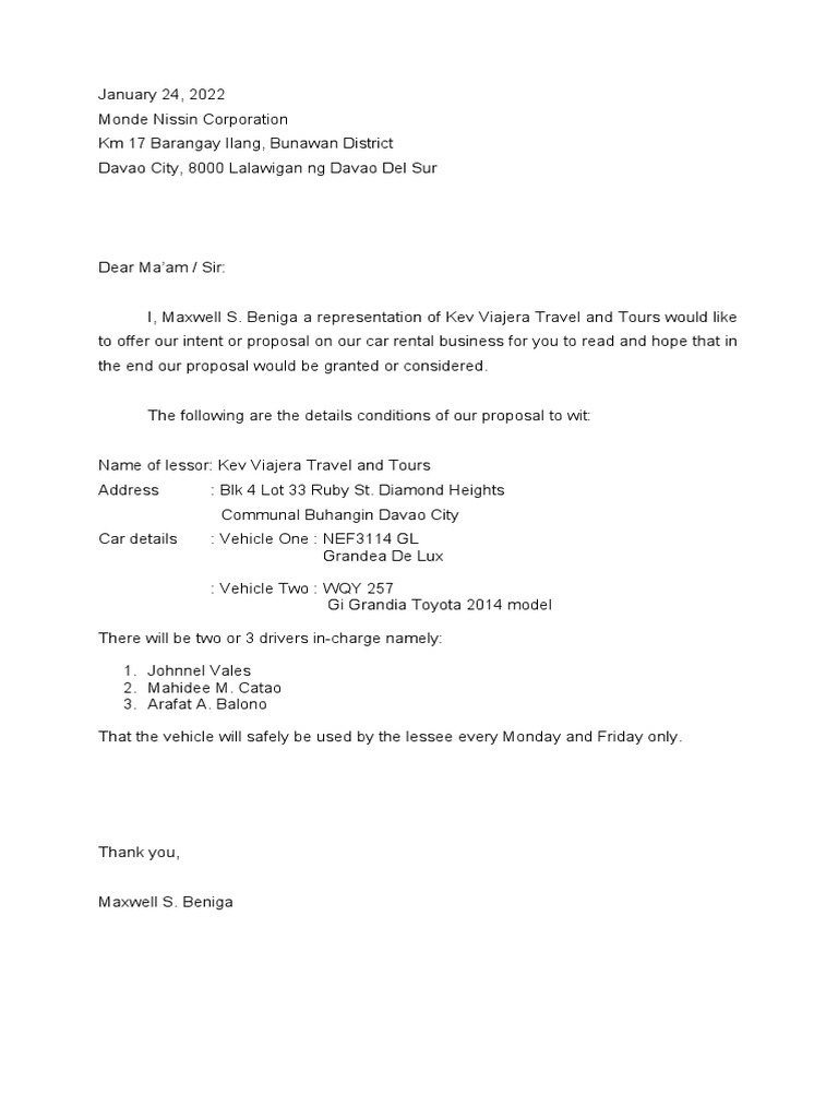 Car Rental Proposal by Kev Viajera | PDF