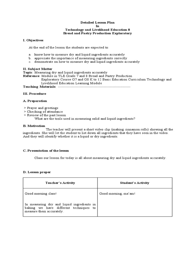Measuring Dry and Liquid Ingredients Accurately PDF Flour Lesson Plan