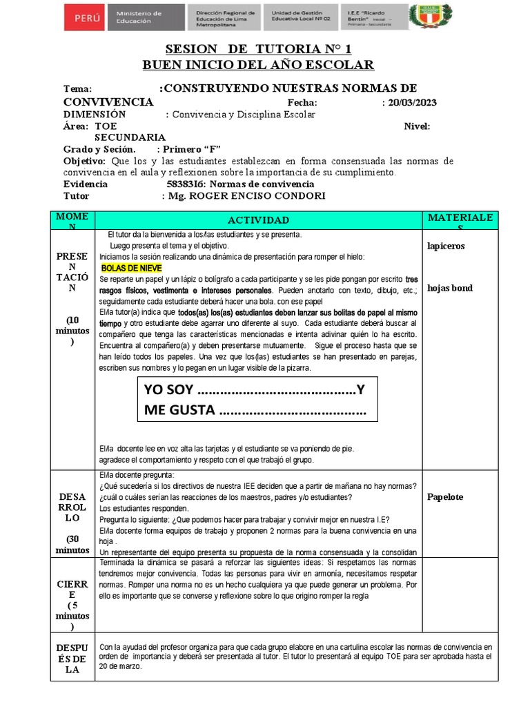 Sesión Normas de Convivencia - 1° Grado - F | PDF