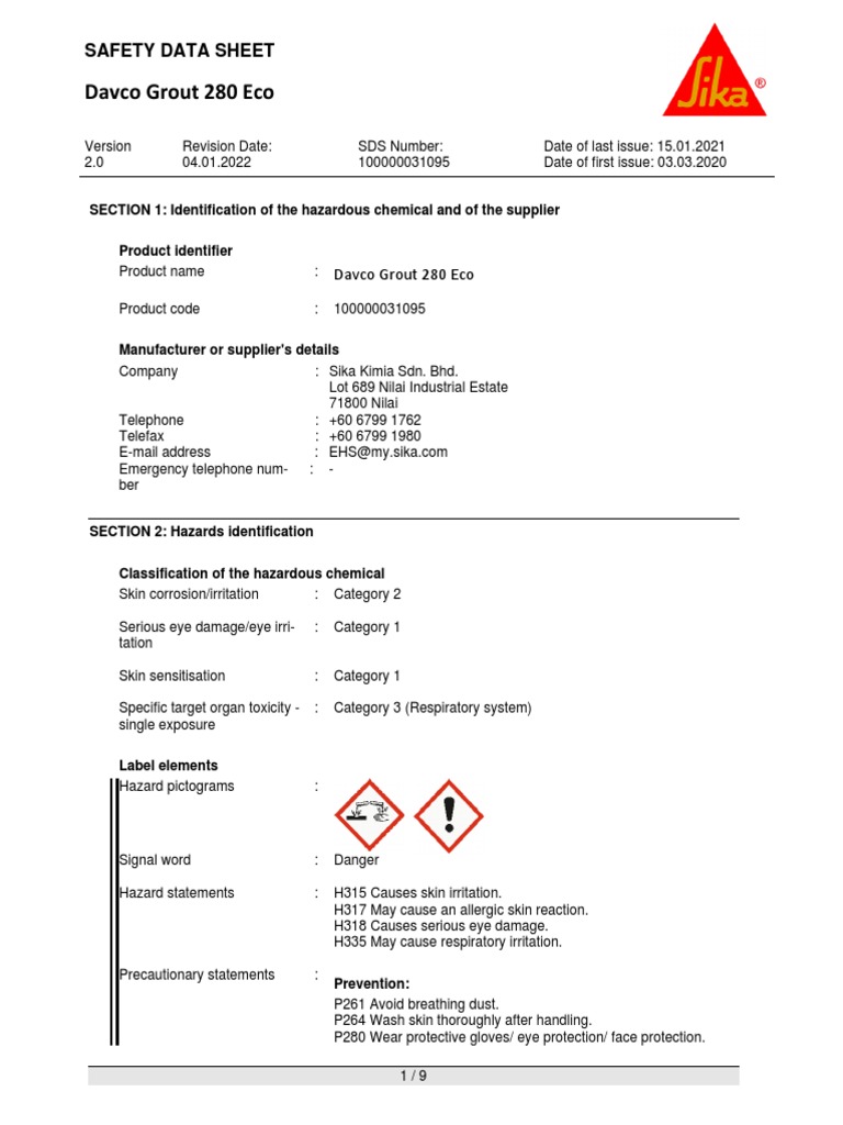 Davco Grout 280 Eco Sds en My PDF Dangerous Goods Toxicity