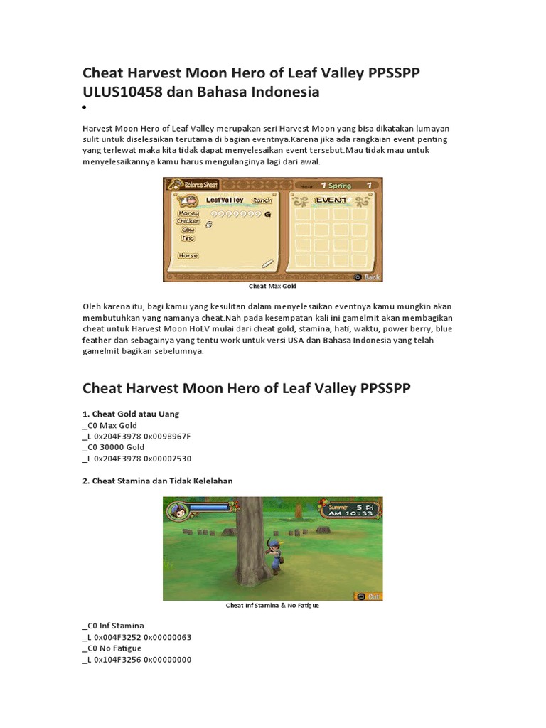 Cheat Code Harvest Moon Hero of Leaf Valley PDF