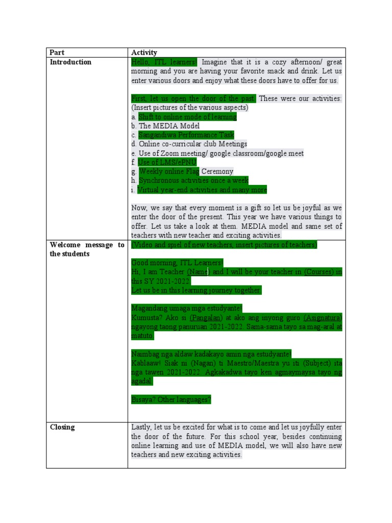 Online Learning Activities 2021 2022 Pdf Communication Teaching