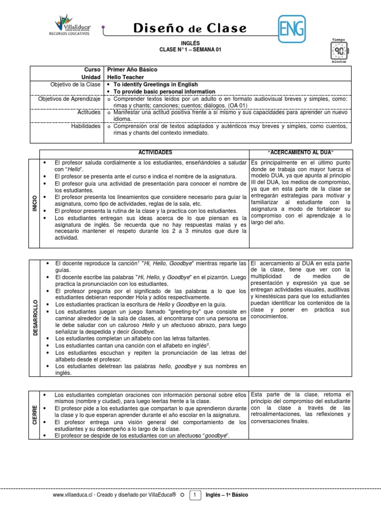 1Basico - Diseño de Clase Ingles - Semana 01 | PDF | Aprendizaje ...