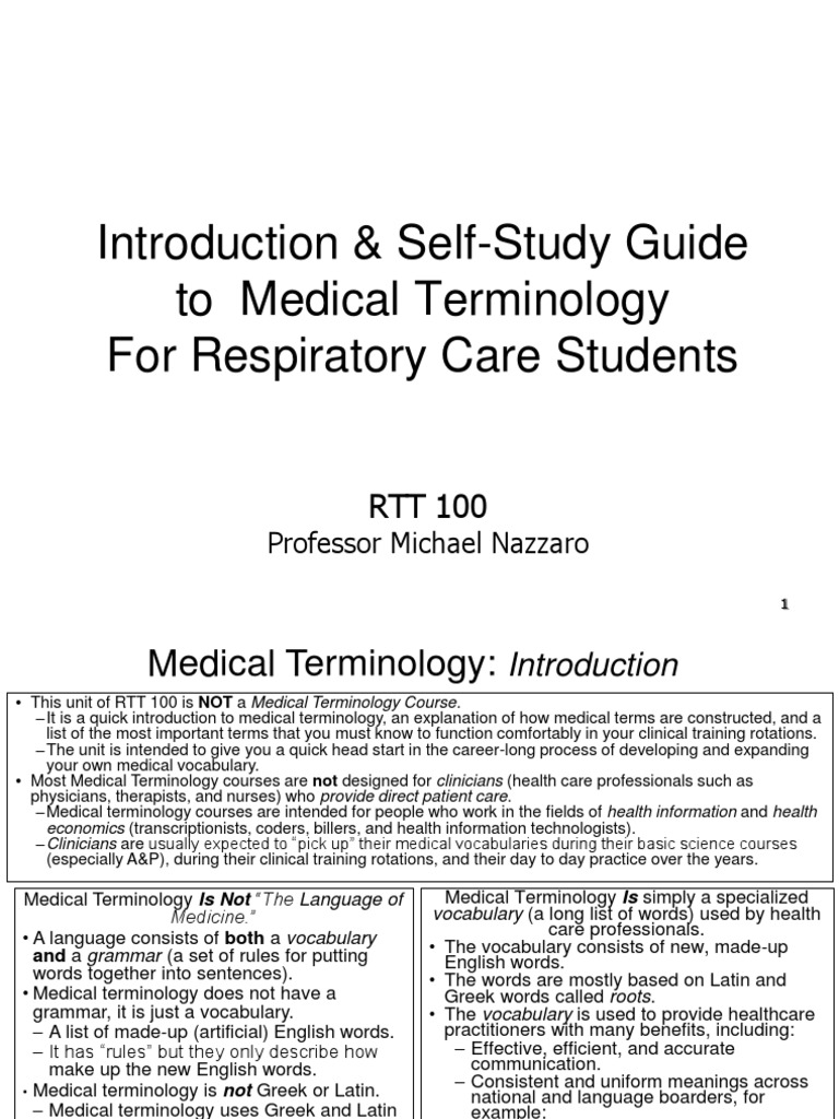 Introduction & SelfStudy Guide To Medical Terminology For Respiratory