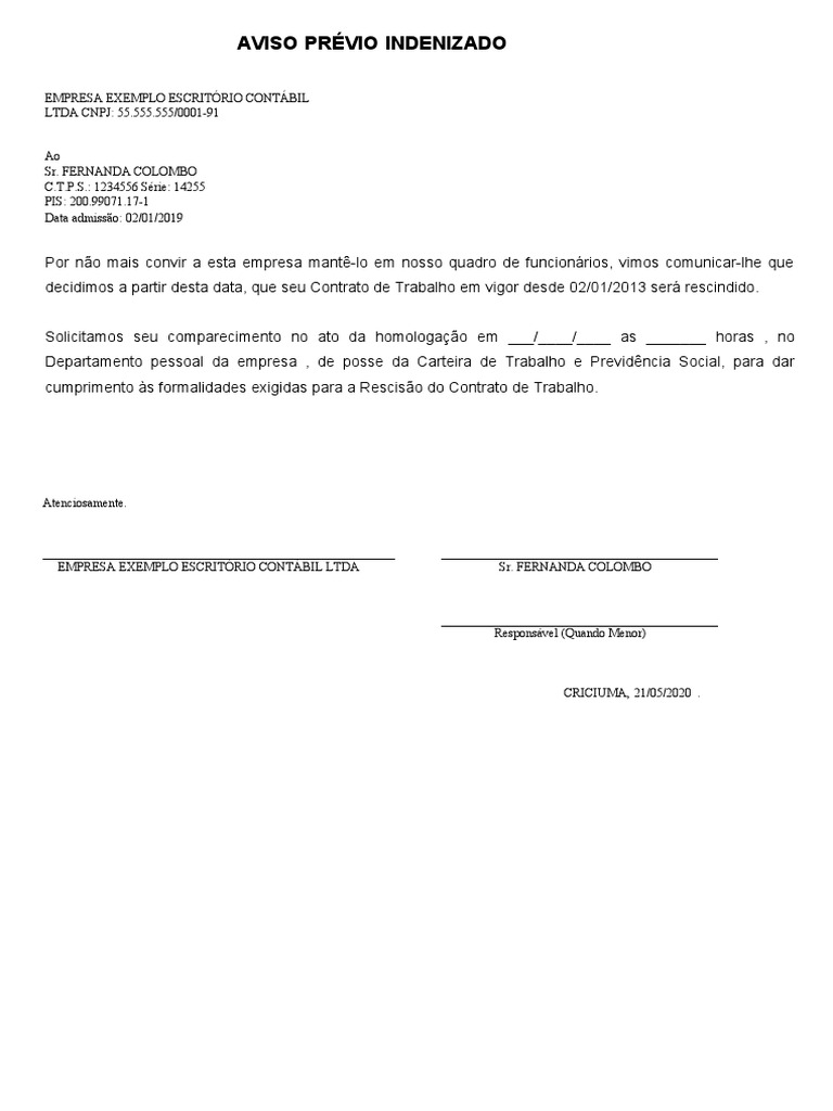 Aviso Prévio Do Empregador para Dispensa Do Empregado - Indenizado | PDF