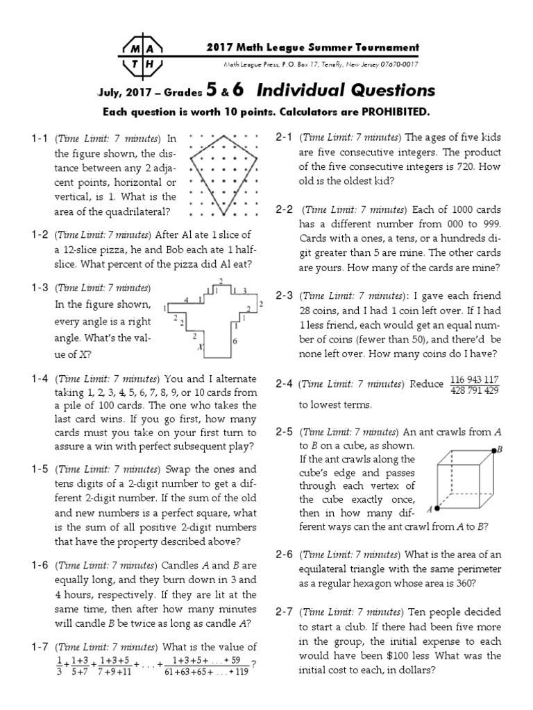 2017 math league summer tournament individual questions for grades 5