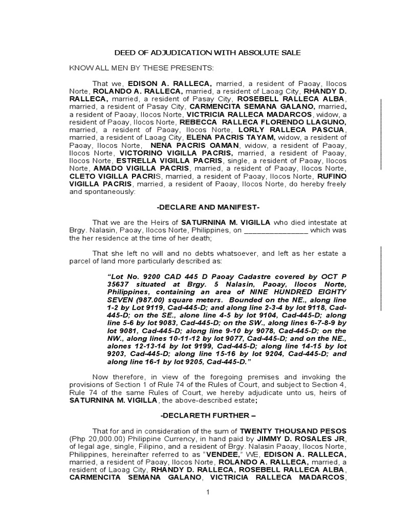 Deed of Adjudication with Sale | PDF | Civil Law (Legal System ...
