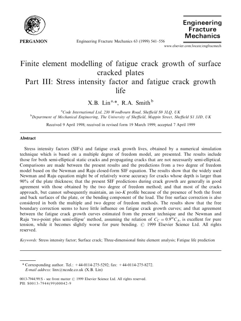 1999 Finite Element Modelling Of Fatigue Crack Growth Of Surface