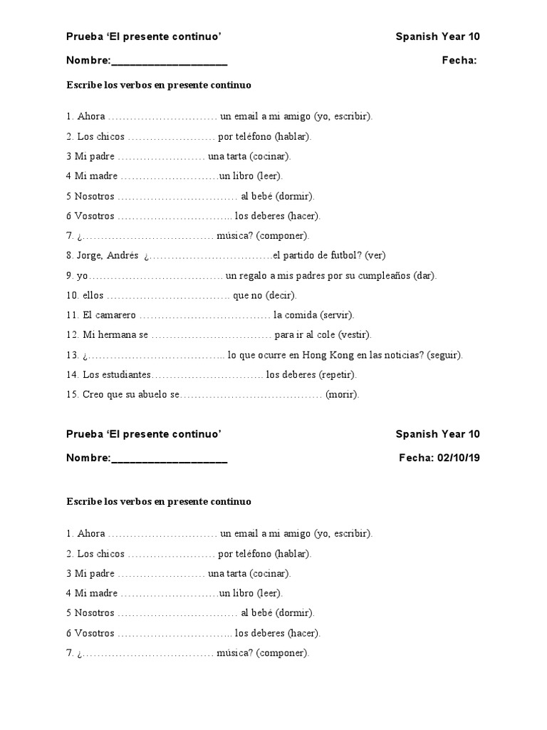 Ejercicio de Presente Continuo en Inglés | PDF | Juegos y actividades ...