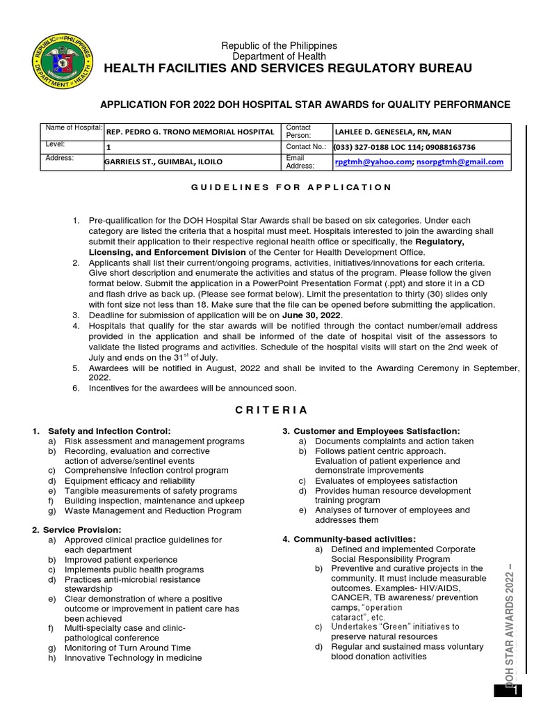 DOH Hospital Star Awards 2022 Application Guidelines | PDF | Hospital ...