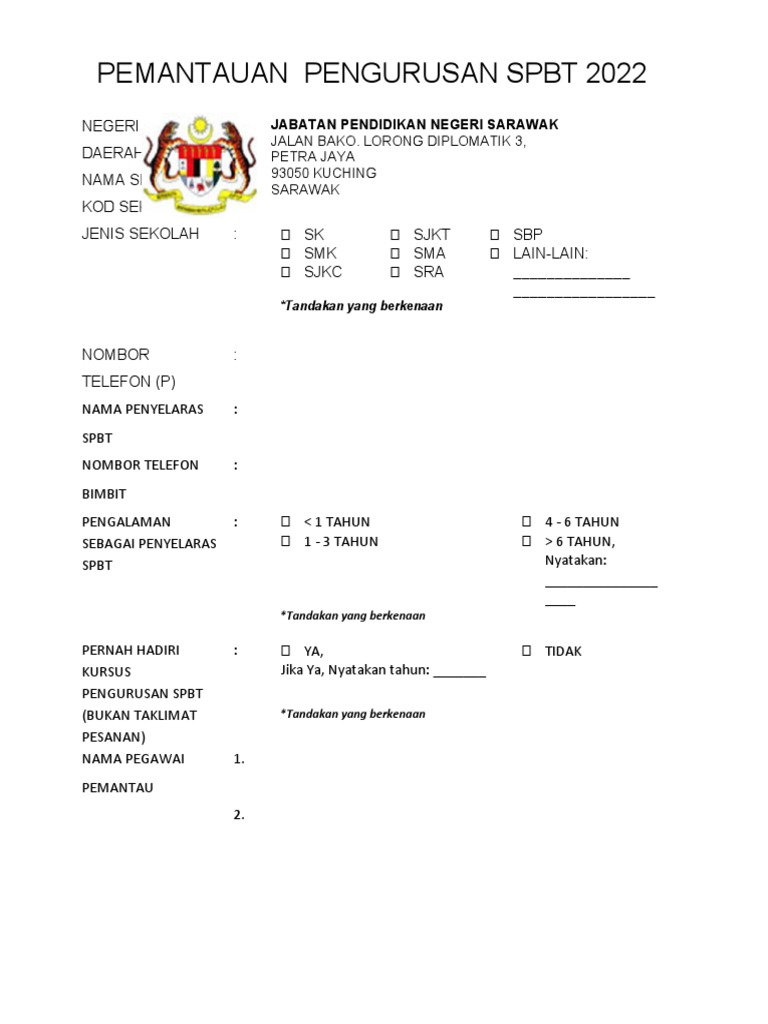 Instrumen Pemantauan Pengurusan SPBT 2022 | PDF