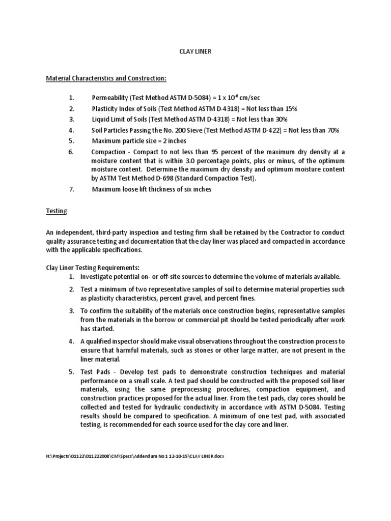 Clay Liner Specification PDF Earth Sciences Physical Sciences