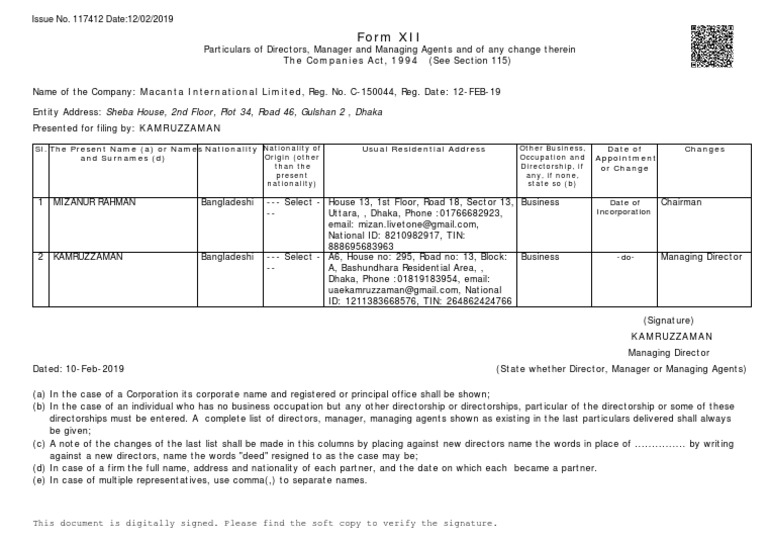 Directors and Management Details Form | PDF | Business