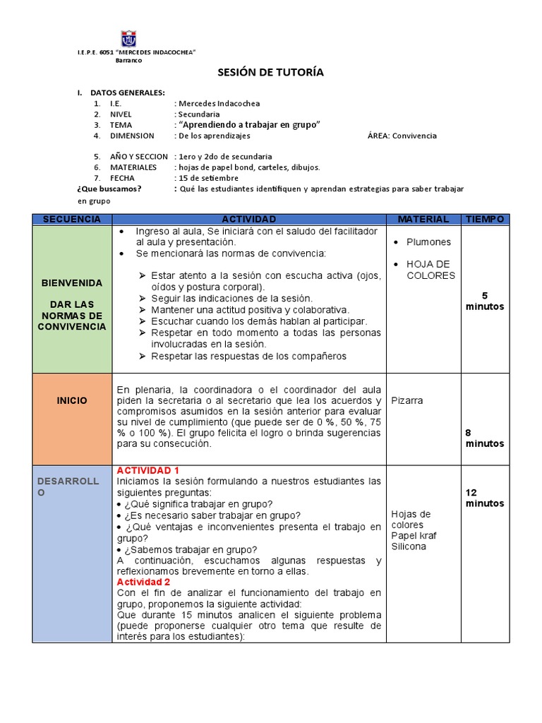 Sesión de Tutoría: Trabajo en Grupo | PDF | Aprendizaje | Ciencia cognitiva