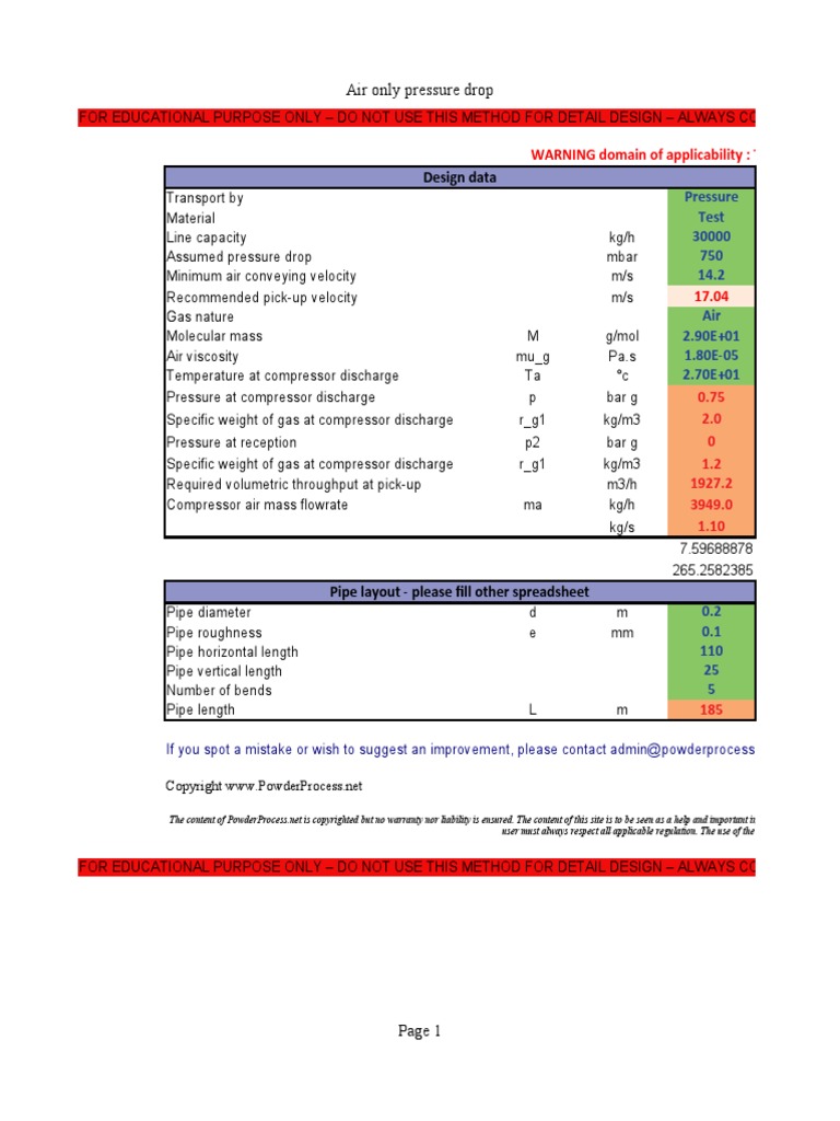 Calculation Dilute Phase Air Only Pressure Drop | PDF | Gases | Pipe ...