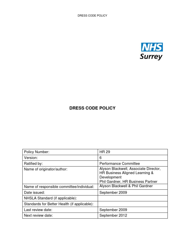 Dress Code Policy PDF National Health Service Infection Control