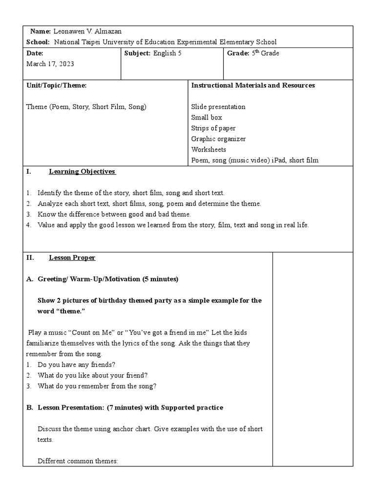 Lesson Plan For Tfetp Demo Teaching Pdf