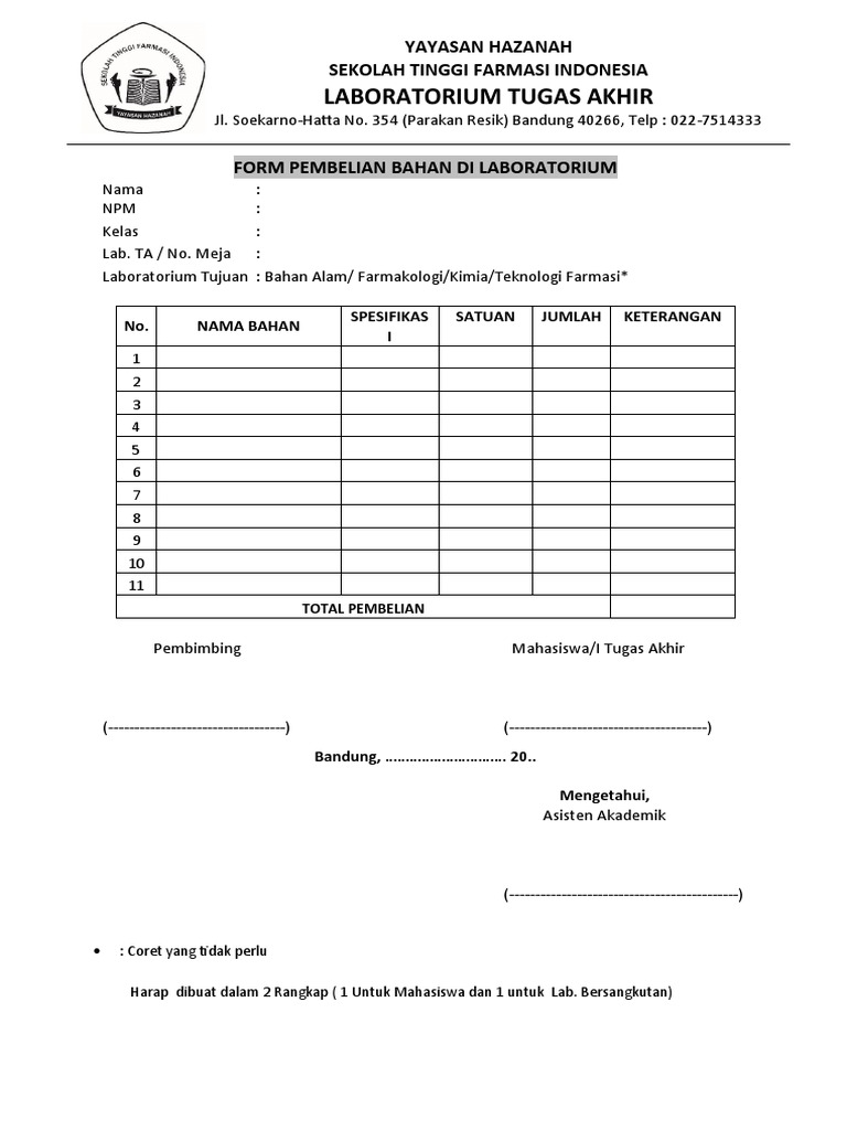 Form Pembelian Bahan Laboratorium | PDF