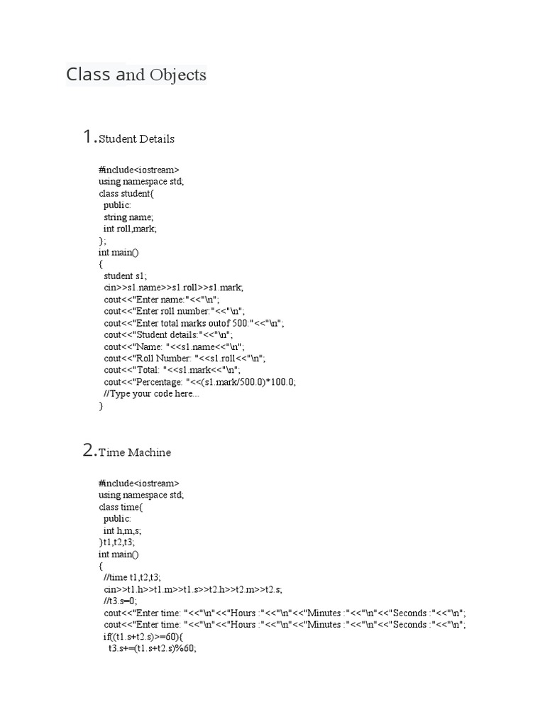 Class and Objects 1.: Student Details | PDF | Namespace | Computer Science