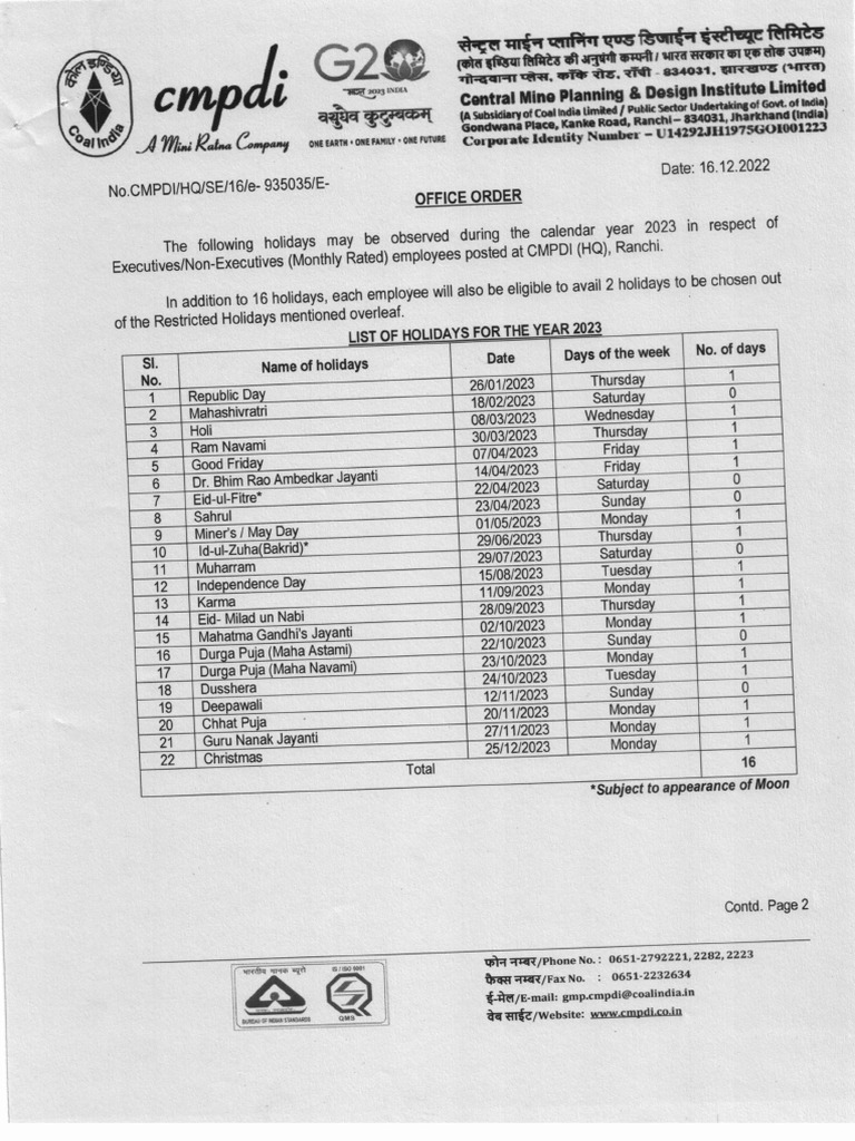 Holiday List-2023 | PDF