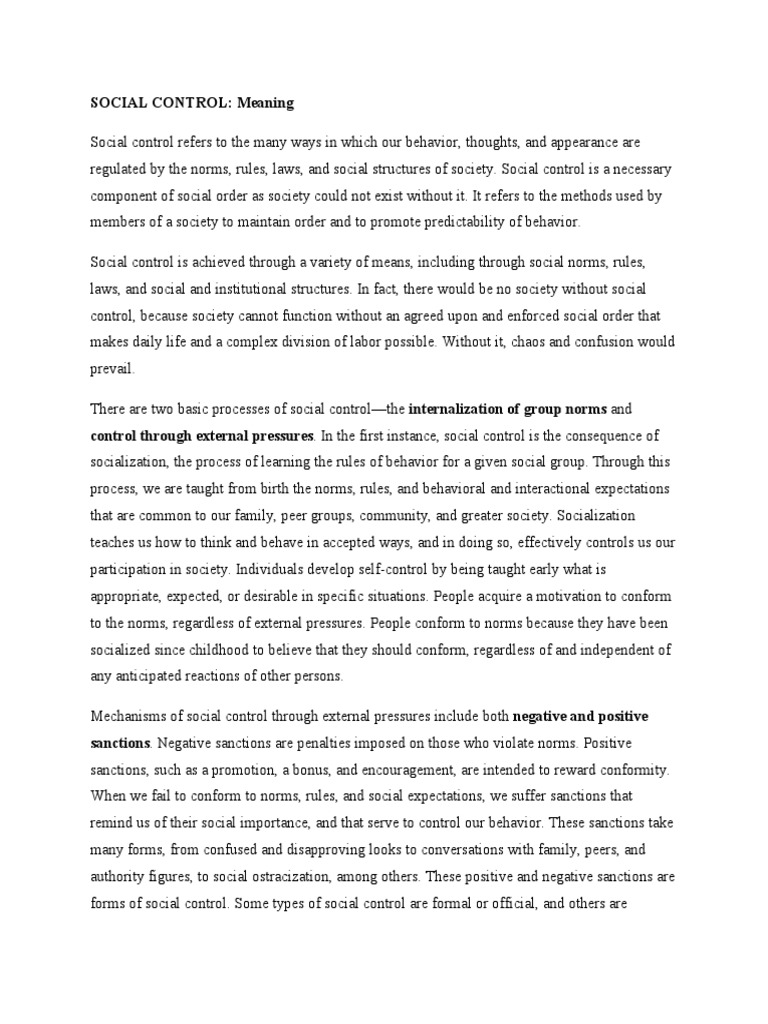 Concept of Social Control and Agencies | PDF | Socialization | Deviance ...