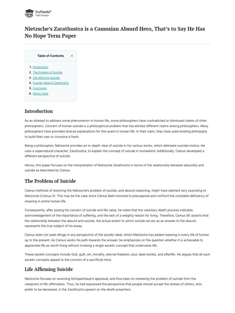 Nietzsche's Zarathustra Is A Camusian Absurd Hero, That's To Say He Has