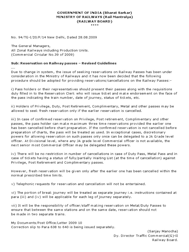 Reservation On Railway Passes Revised Guidelines PDF Government