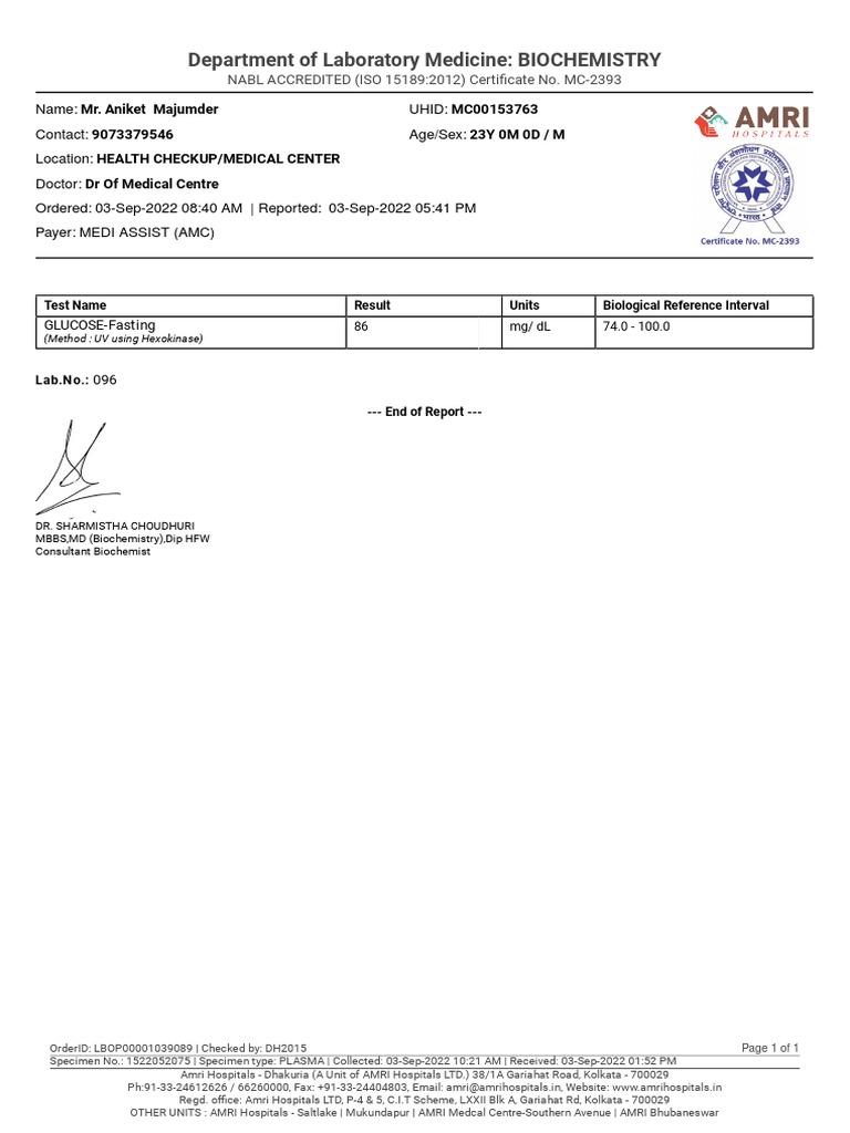 Biochemistry Report: Glucose Test Results | PDF