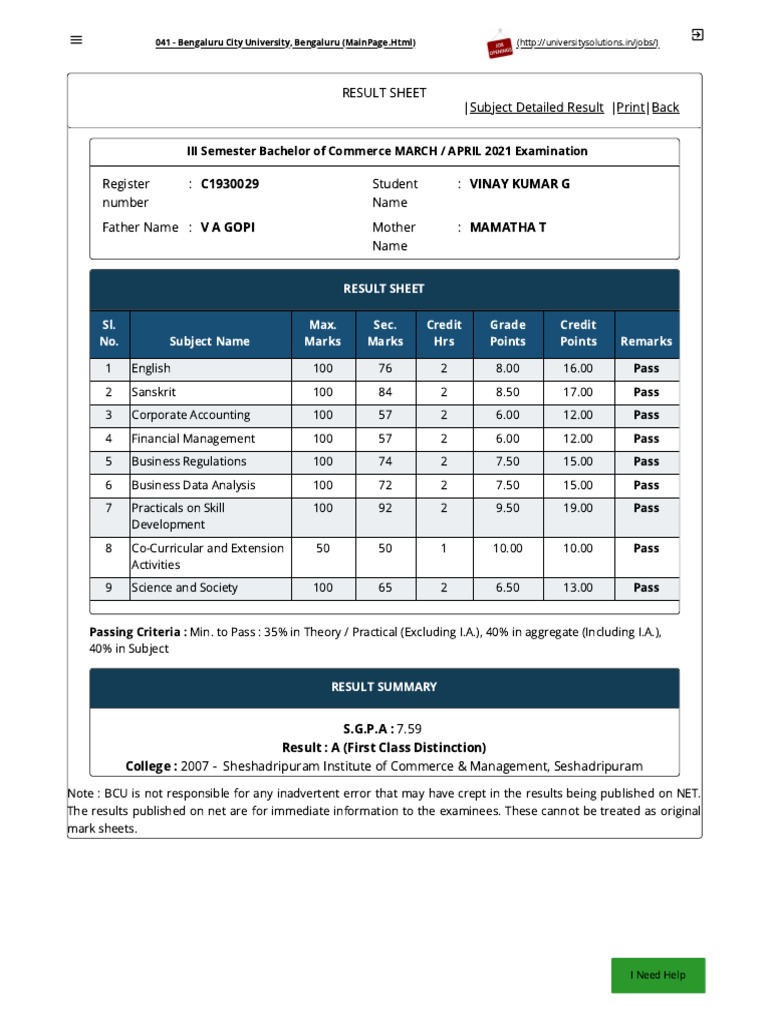Result Sheet Sl. No. Subject Name Max. Marks Sec. Marks Credit Hrs ...