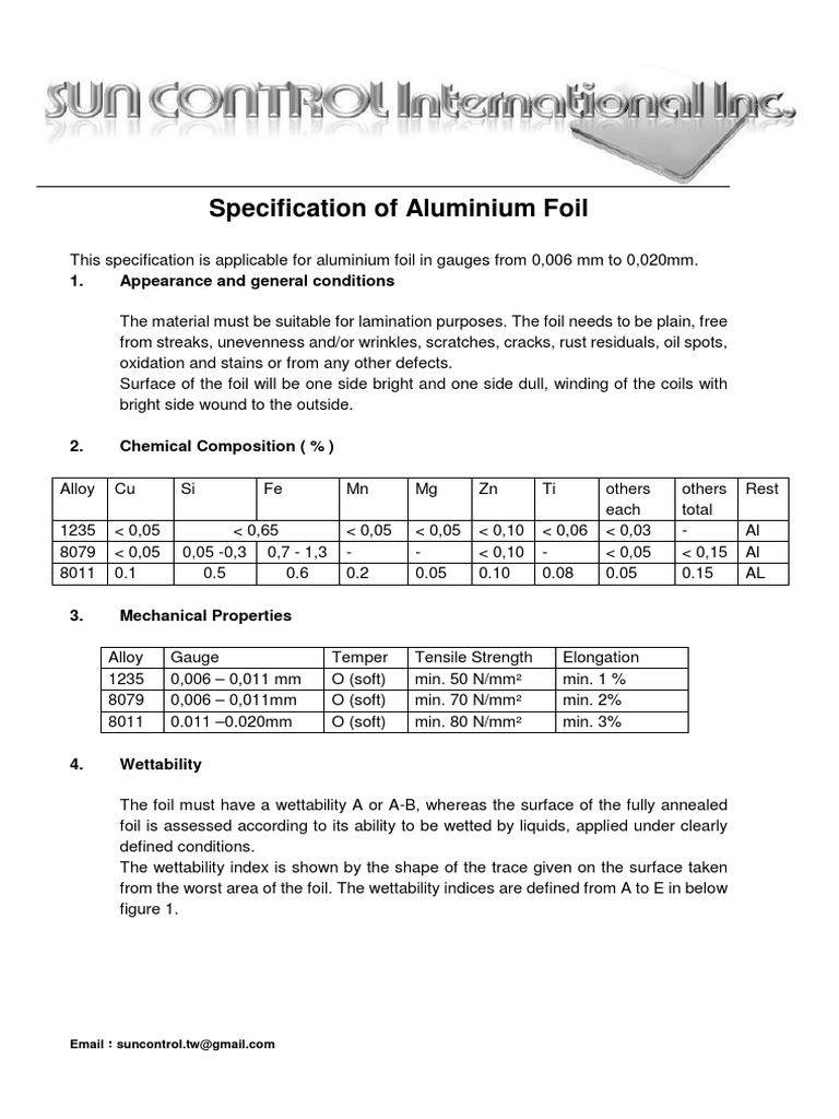 Specification of Aluminium Foil 1. Appearance and General Conditions