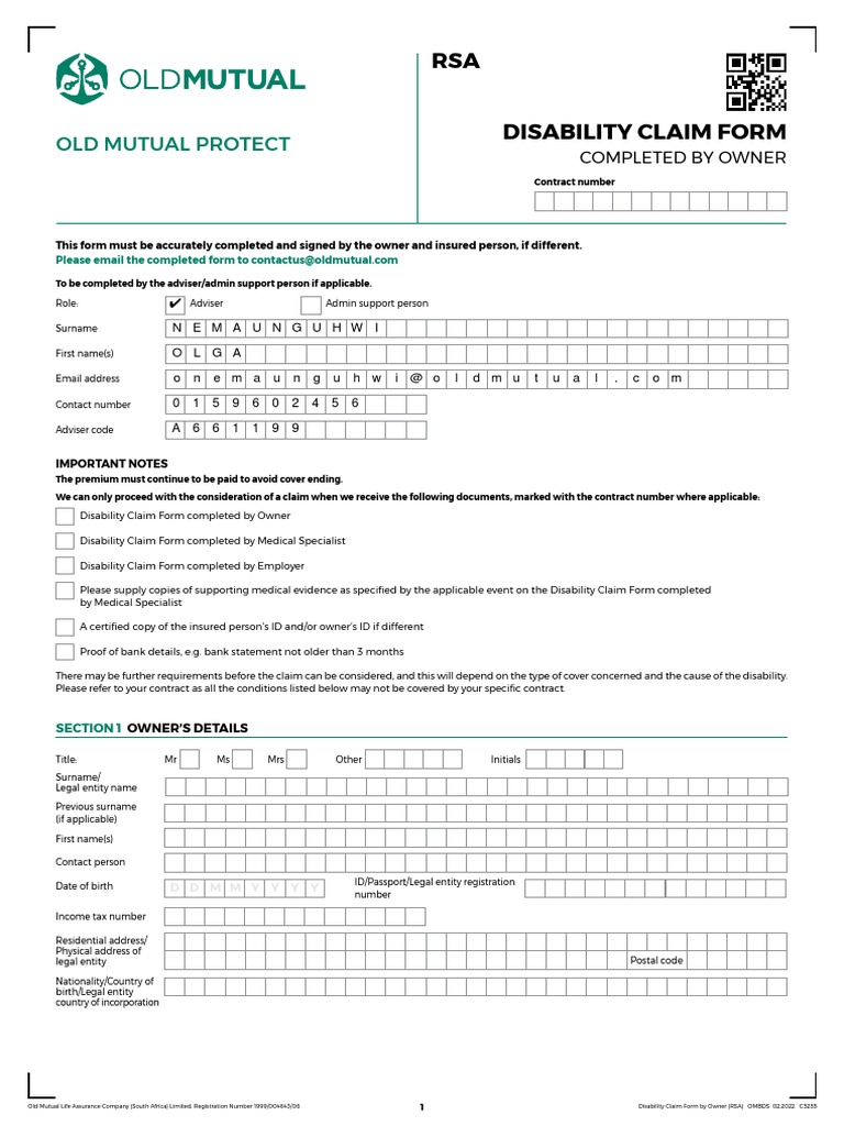 Disability Claim Form by Owner RSA PDF Life Insurance Physician