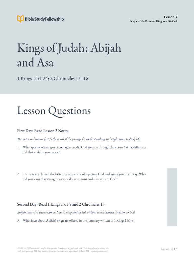 BSF Lesson 3 Notes PDF Books Of Kings Kingdom Of Judah