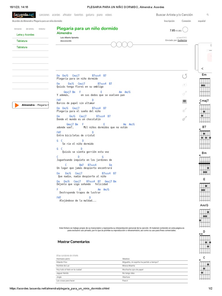 PLEGARIA PARA UN NIÑO DORMIDO, Almendra Acordes PDF