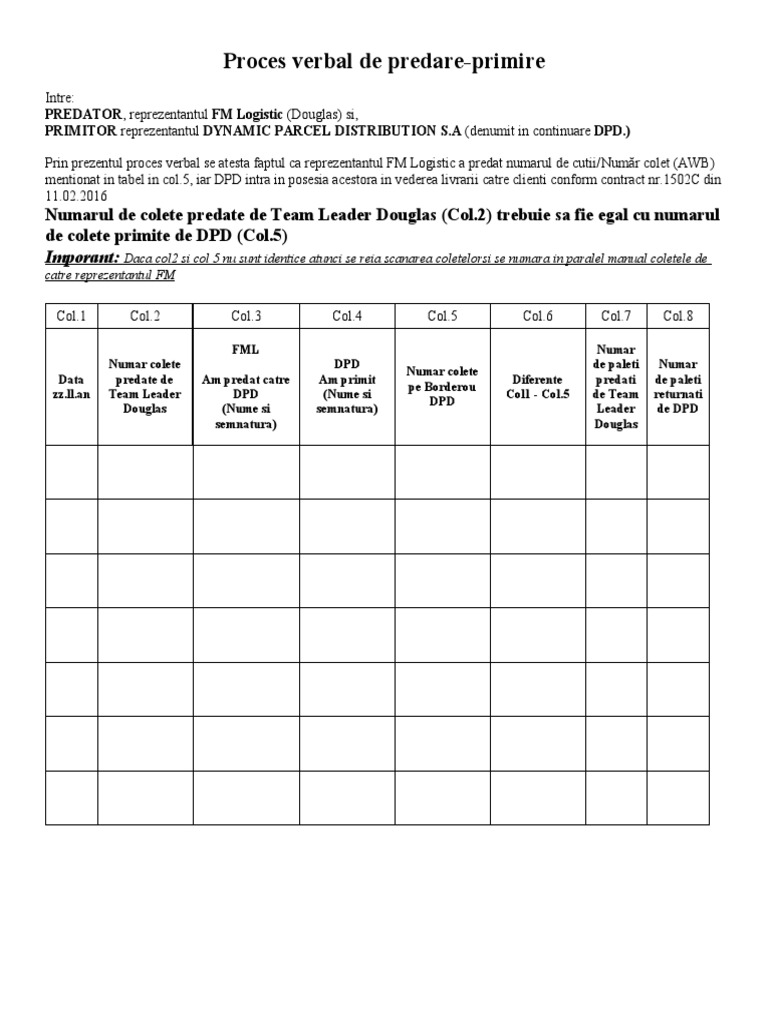 Proces Verbal de Predare-Primire Colete DPD | PDF