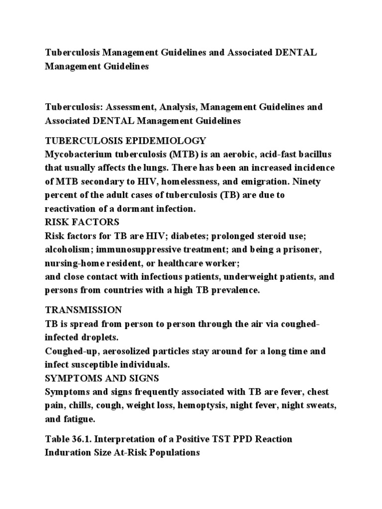 Tuberculosis Management Guidelines and Associated DENTAL Management