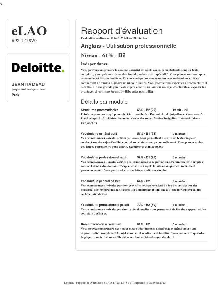 Rapport d'évaluation eLAO B2 Anglais | PDF | Lexique | Sujet (Grammaire)