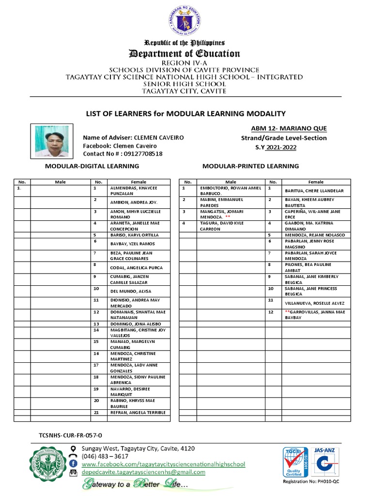 Modular Learning Learners List 2021-2022 | PDF